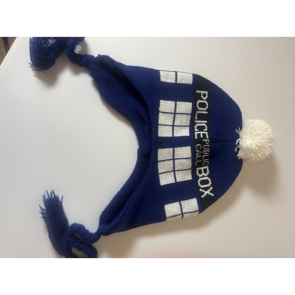 Doctor Who TARDIS Beanie Hat with Pom Pom & Braided Tassels‎ Cosplay BBC - Picture 2 of 2